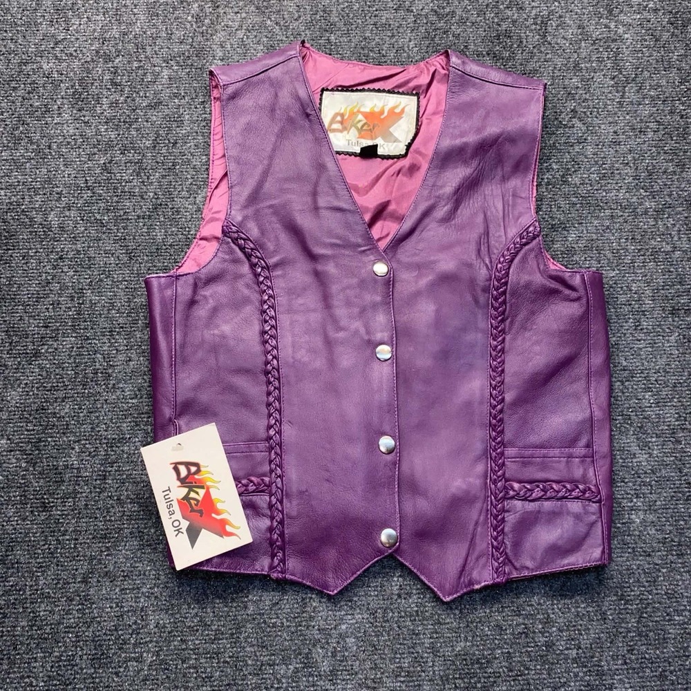 NWT Biker X Tulsa OK Purple Leather Motorcycle Vest Womens XS Braided Trim NEW